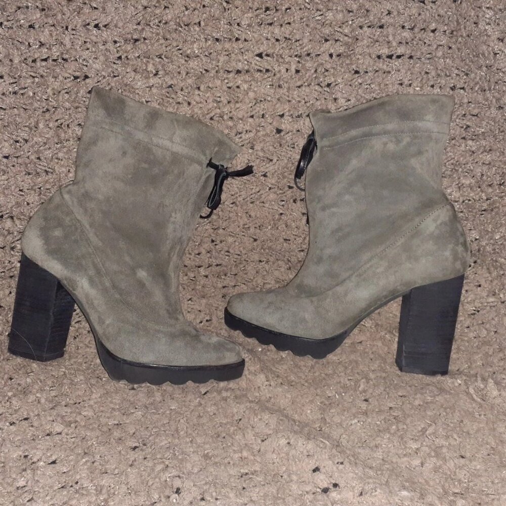 SAPENA SPAIN-Greenish/Gray-Soft Suede Tie Slouchy Booties-Sz 36-Excellent